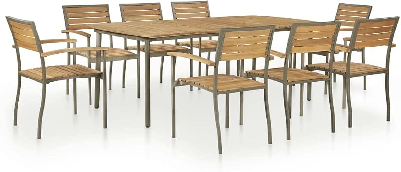9-Piece Outdoor Dining Set with 8 Stacking Chairs, Natural Acacia Wood and Grey Powder-Coated Steel, Rectangular Patio Table for Family Gatherings, Durable Weather-Resistant