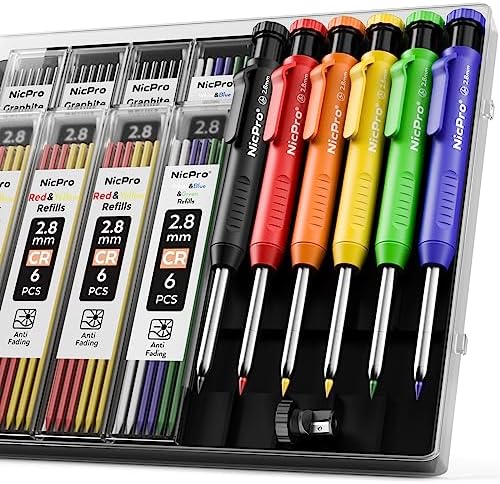 Nicpro Tieflochmarker Bleistift Set, 6 Solide Zimmermannsbleistifte mit 54 Minen, Bohrlochmarker Druckbleistift, Tischler Bleistift mit Eingebauter Spitzer für Holzbearbeitung, Bau