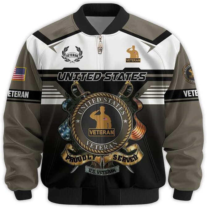Veteran Bomber Jacket - Proudly Served Military Windbreaker Jacket, Waterproof Coat, Veterans Day Gift, Full Size S - 6XL