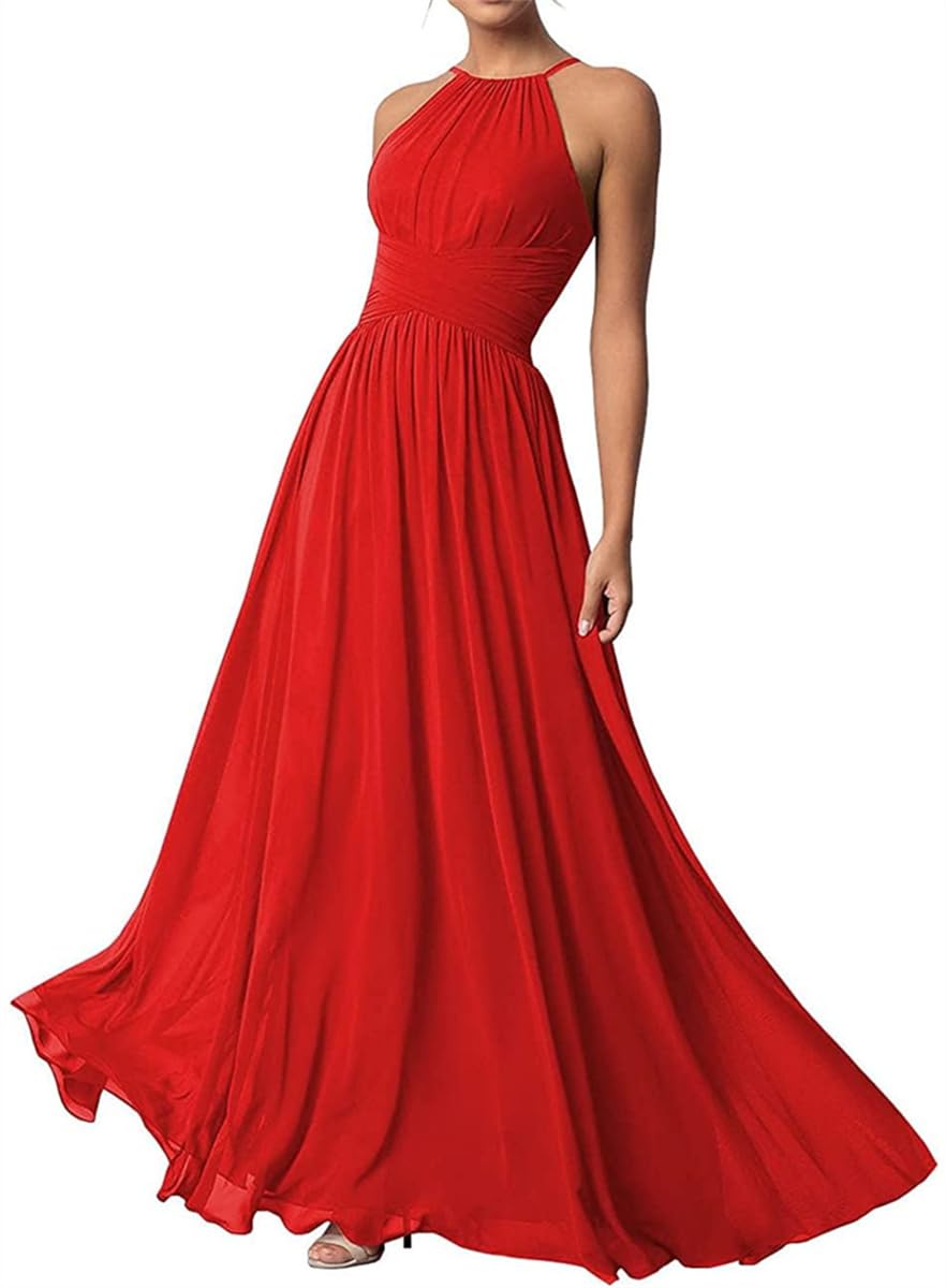 Wseyu Women's Red Halter Neck Bridesmaid Dresses Long Chiffon Dresses Evening Dresses Uk6