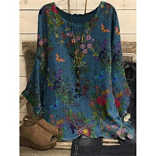 Fall Tops For Women Cotton Blend Retro Floral Printed Long Sleeve T Shirts Lightweight Crewneck Irrgular Hem Tunics (Dark Blue, Xxxl) #TOP3