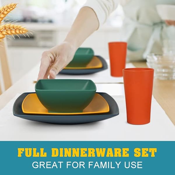 Teivio 48-piece Kitchen Plastic Wheat Straw Square Dinnerware Set for 12, Unbreakable Dinner Plates, Salad Plates, Snack Bowls, Cup 13.5 oz, Dishwasher Safe Dinning RV Essentials, Autumn Multicolor by Teivio - Image 6