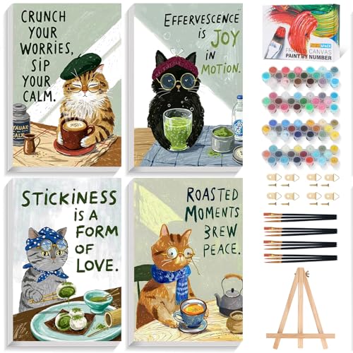 4 Pack Framed Paint by Numbers Kit for Adults Beginner with Wooden Easel Funny Cat Easy Paint by Numbers with Frame DIY Cute Animal Number Painting for Adults Canvas for Home Decor Gift 8x12 Inch