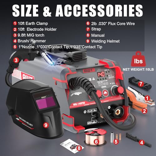 Image of AWT 140Amp MIG Welder Flux Core MIG Welder /Stick /Lift TIG 3 in 1 Welding Machine, Welder Machine 110V-Synergy IGBT Inverter, Portable Gasless Welder Equipment with Welding Helmet