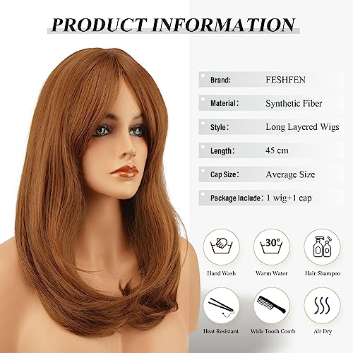 Image of FESHFEN Wigs with Bangs for Women, Synthetic Natural Looking Long Layered Straight Auburn Hair Wig for Women Daily Party Use 18 inch