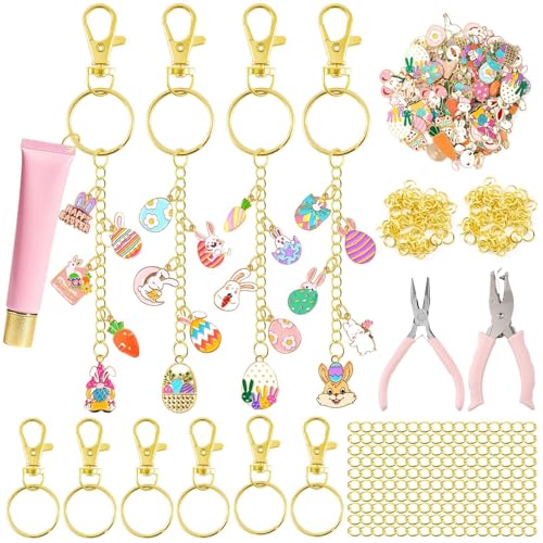 PYURTHITY 254 Pcs Easter Charms Lip Gloss Keychain Making Kit with Enamel Bag Charms Keychain Hooks Chains Jump Rings Plier Bunny Rabbit Egg Jewelry Making Kit Supplies for DIY Craft Gifts