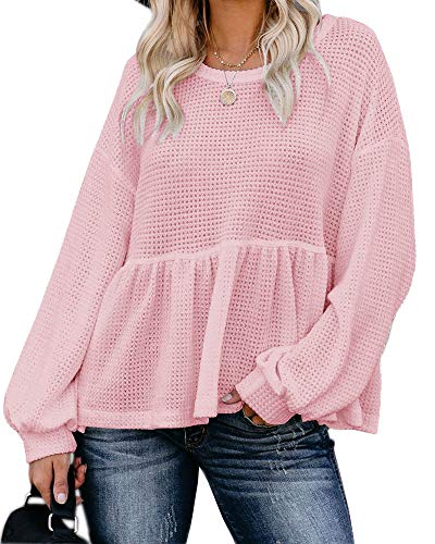 Womens Waffle Knit Shirts Long Sleeve Peplum Ruffled Layered Hem Blouse Tops Pink