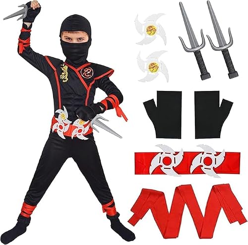 LGZIN Déguisement Ninja Costume Enfant, Costumes Ninja pour Enfants, Rouge Noir Déguisement Ninj-a, Costum-e de Ninj-a d'Halloween, Cosplay Anime Costum-e, Garçons Nin-ja Cosplay Ensemble (Noir, M)