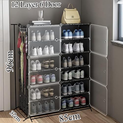 Image of AYSIS Plastic Shoe Rack for Home | 𝟏𝟐 𝐒𝐡𝐞𝐥𝐟 Shoe Rack with Door 𝐌𝐚𝐠𝐧𝐞𝐭𝐬 for Home Storage Plastic Box Organizer, Metal Door Frame, Chappal Slipper Sandals Stand (Black, 12-Shelf-6-Door)