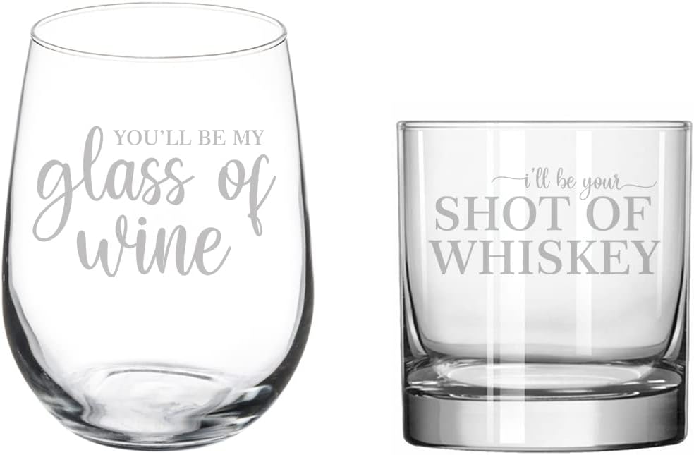MIP Set of 2 Glasses Stemless WINE & ROCKS Whiskey Gift I'll Be Your Shot Of Whiskey You'll Be My Glass Of Wine Wedding Anniversary Engagement