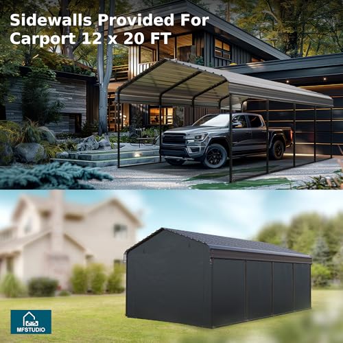 MFSTUDIO Carport 12x20 ft, Outdoor Heavy Duty Carports with Sidewalls, Metal Shed Canopy Shelters Garage Shelter Shade Car Ports with Galvanized Roof for Cars, Truck and Boats - Thumbnail 4