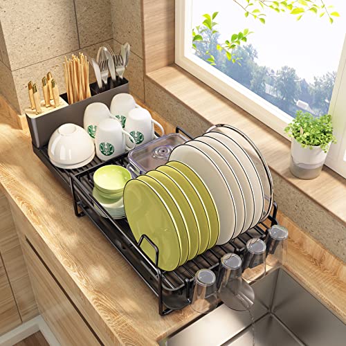 Pxrack Dish Drying Rack, Expandable(19.1"-26.9") Large Capacity Dish Rack And Drainboard Set, Stainless Steel Dish Drainers With Utensil Holder For Kitchen Counter, Black #TOP6