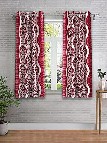 Image of Cortina 2 Piece Leaf Design Panel Eyelet Polyester Window Curtains - 5 Feet, Maroon
