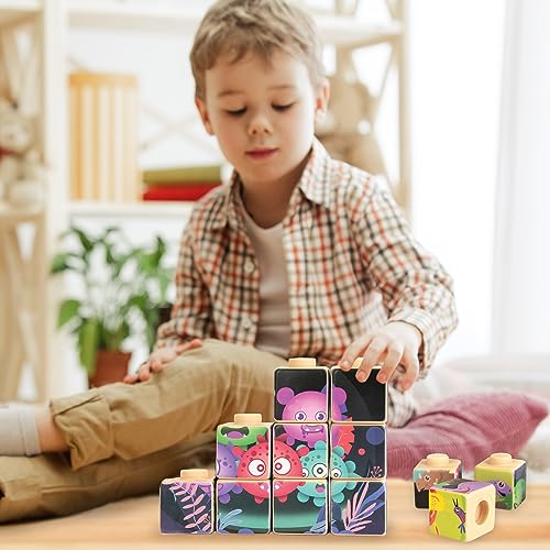 Image of ArtCreativity Silicone Picture Puzzle Blocks for Kids, 12 Stacking Baby Blocks with Four Different Pictures Printed on The Sides, 2 inch Soft Toy Building Blocks for Toddlers