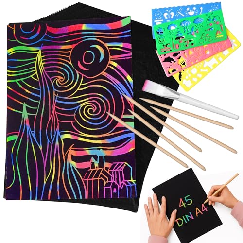 Tritart Kratzbilder Set für Kinder und Erwachsene I 45 Blatt I Regenbogen Kratzpapier zum Zeichnen und Basteln I mit Schablonenlinealen, Holzstiften, Stickern und Pinsel I A4 29,7 cm x 21cm