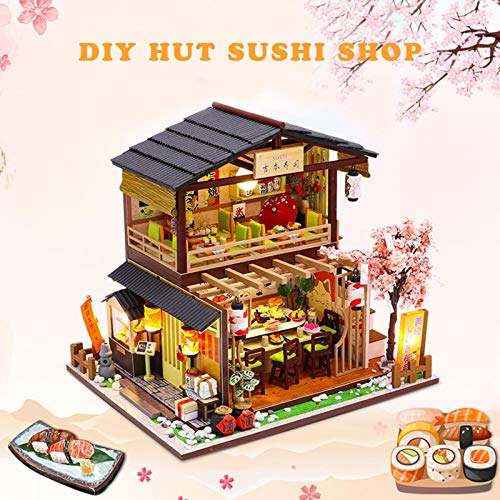 Casa em miniatura - Dustproof DIY casa de bonecas em miniatura,Lâmpadas LED Sushi Restaurante Cobert