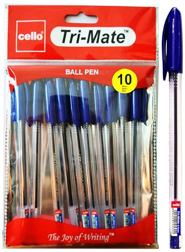 Cello Blue Ballpoint Pens, Tri-Mate Medium Point Biros Multipack Pens | 1.0mm Ball Point Blue Ink Pens for Writing | Ballpoint Pens Ideal for Stationery Supplies (Pack of 10)