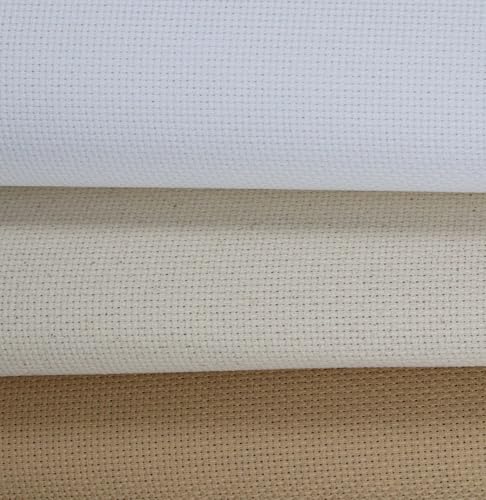 Image of KCS 3 pc of 15 inch x 18 inch(38cmx45cm) Counted Cross Stitch Cotton Aida Cloth Needlework Rolled Fabric Box,16CT,White+Oatmeal+Khaki