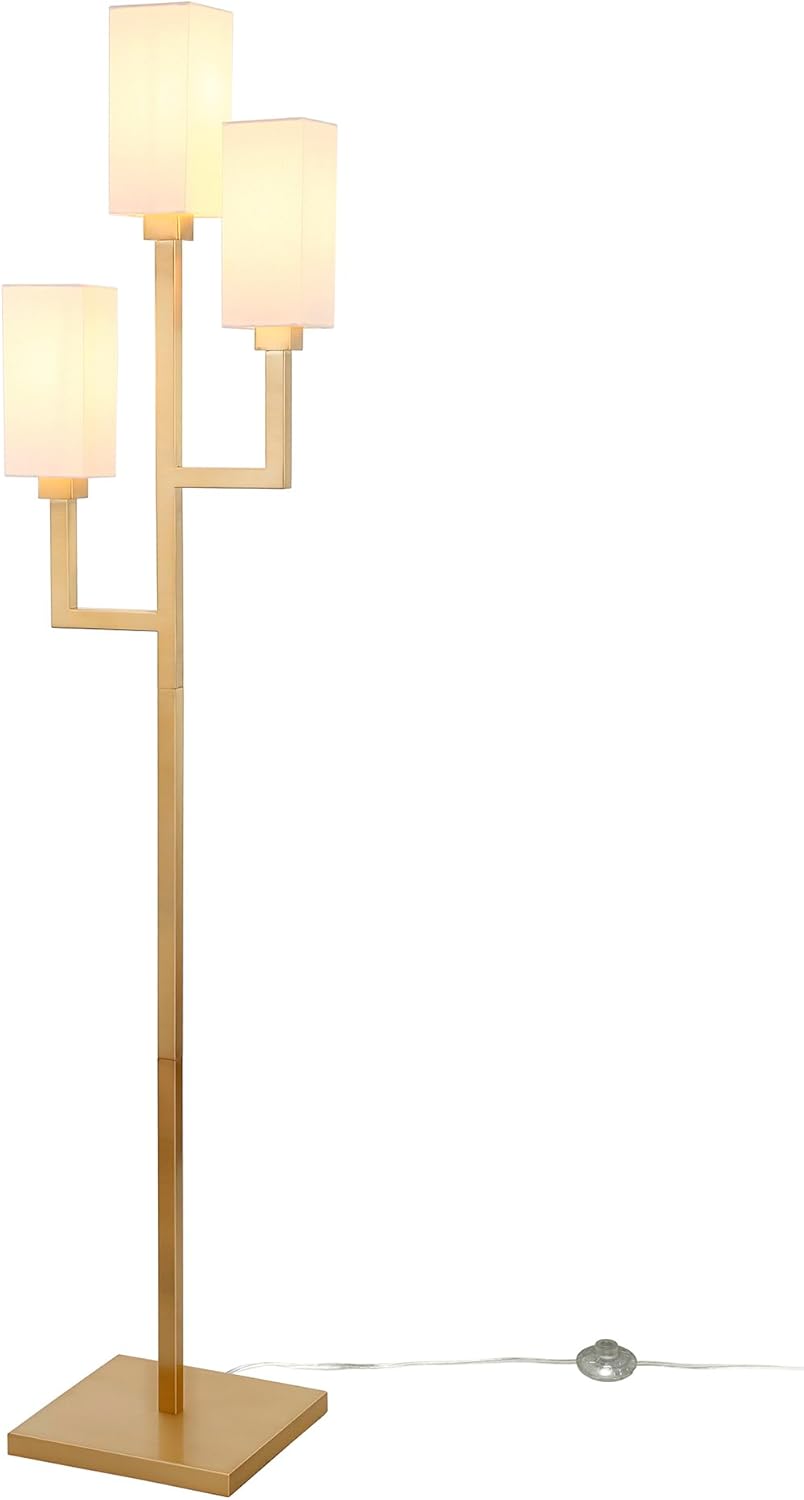 Brass 3-Light Torchiere Floor Lamp with Tube-Shaped Shades