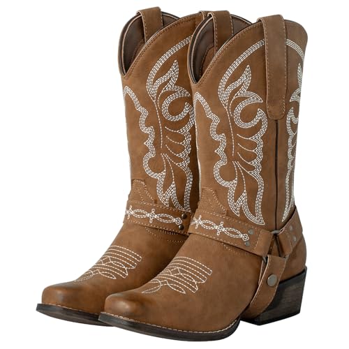 J's.o.l.e Women's Square Toe Cowgirl Cowboy Boots Mid Calf Western Riding Boots with Fashion Buckle Strap Brown US 7
