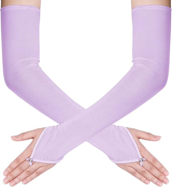 Theaque Women's Long Fingerless Sheer Gloves Tulle Mesh Gloves for Wedding Bridal Opera Party Halloween Costume (Lavender, One Size)