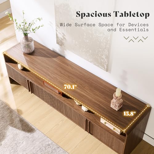 Image of AMERLIFE 70 inch Fluted Wood TV Stand for TVs up to 80 inch, Media Console Entertainment Center with Storage Cabinets for Living Room, Brown