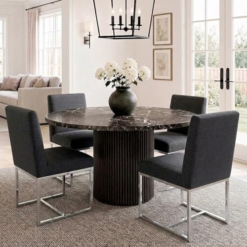 Image of HNY Modern Dining Chairs Set of 4, Upholstered Linen Dining Room Chairs with Ergonomic Back & Polished Silver Metal Frame for Home, Kitchen, Apartment, Charcoal Black