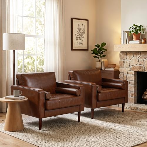 Image of Faux Leahter Accent Chairs Stet of 2, Comfy Upholstered Armchairs for Living Room, Modern Bedroom Reading Seat with 2 Bolster Pillows, Brown