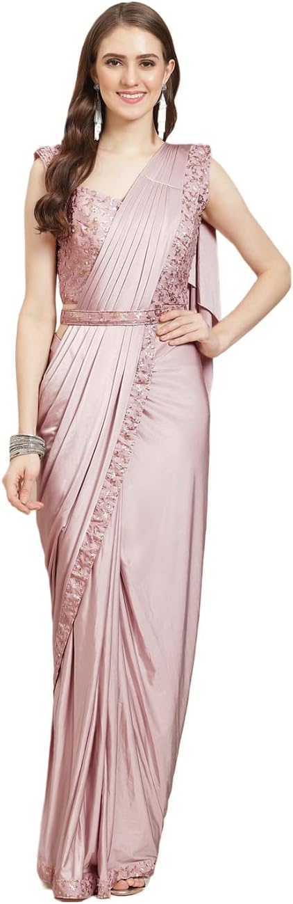 Grancy Women's Lycra Ruffled Ready to Wear Saree Trending Festive Season Party Design Stylish Sequence Fancy Patch Lace Border with Stiched blouse