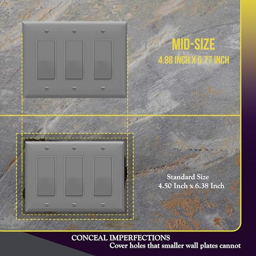 Image of ENERLITES Triple Decorator Switch Cover, Three Gang Outlet Wall Plate, Gloss Finish, Mid-Size 3-Gang 4.88 inch x 6.77 inch, Unbreakable Polycarbonate Thermoplastic, UL Listed, 8833M-GY, Gray