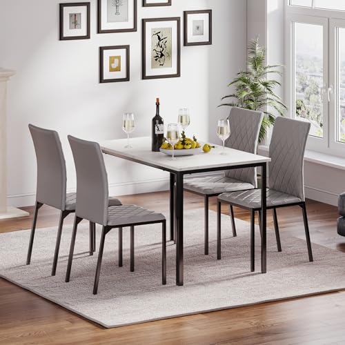 Image of Hello-5ive Dining Table and Chairs Set of 4, Modern Dining Table Set Kitchen Furniture, Marble Effect Dining Table with 4 PU Leather Dining Chairs, 120x70cm Dining Room Set for Home Apartment (Grey)