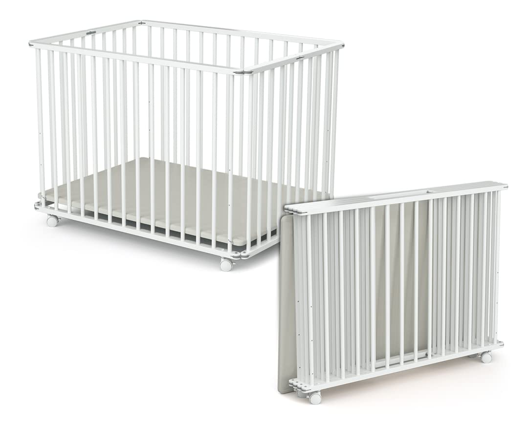 WEBABY - Box bambini pieghevole legno con ruote - Bianco - 70 x 100 cm