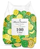 Albert Premier Green & Gold Belgian Chocolate Coins - 100 Individually Wrapped Milk Chocolate Coins Candy For St. Patrick Day Party Favors, Pots of Gold & Treats