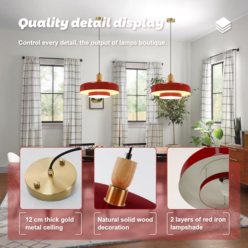 Image of Mid-Century Pendant Light Kitchen Island Chandelier Light Fixture Vintage Small Ceiling Light with 2-Tiers Metal Shade for Dining Room Living Room (Red)