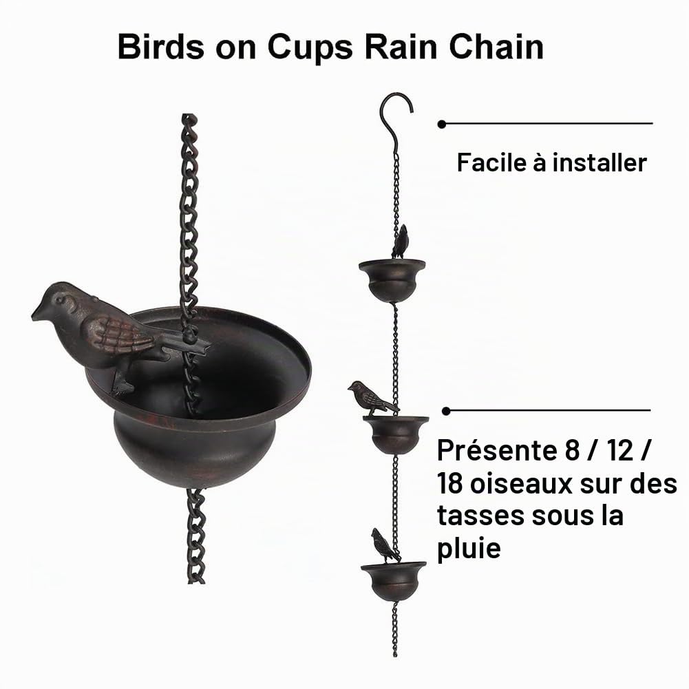 1 chaîne de pluie pour gouttières, oiseaux mobiles sur gobelets, jeux de pluie avec crochet de suspension et oiseaux