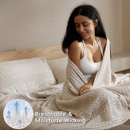 Image of PHF 100% Cotton Waffle Blanket Twin Size for College Dorm, Lightweight Breathable and Soft for Summer, Luxury Aesthetic Waffle Weave Blanket for Bed & Gifts for Women, 66 inchx90 inch, Light Taupe /Oatmeal