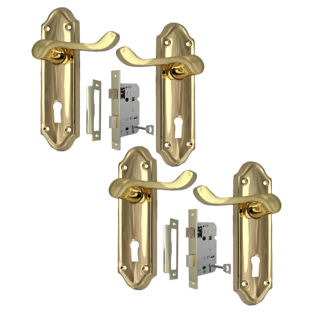 Epsom Door Handle Yellow Victorian Style Brass Plated Internal Lock Door Handle Sets – Lever On Backplate – Includes 3 Lever Mortice Sash Lock – 2 Pairs