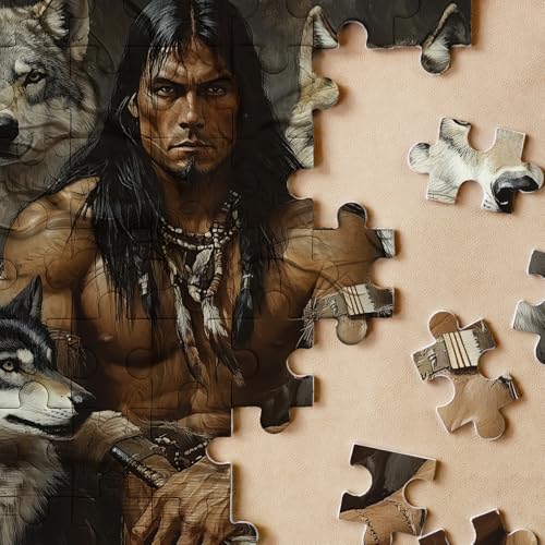 Rompecabezas Native Americans King with Wolves para adultos 1000 piezas. Hombre Indio y Lobo Gris. Rompecabezas desafiantes, vintage, animal, arte miniatura 3
