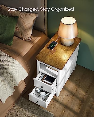 VASAGLE Side Table with Charging Station, Narrow Nightstand with 2 Drawers, Living Room End Table with Storage, for Small Spaces, Coastal Style, Rustic Walnut and Classic White ULET322T14 - Image 7