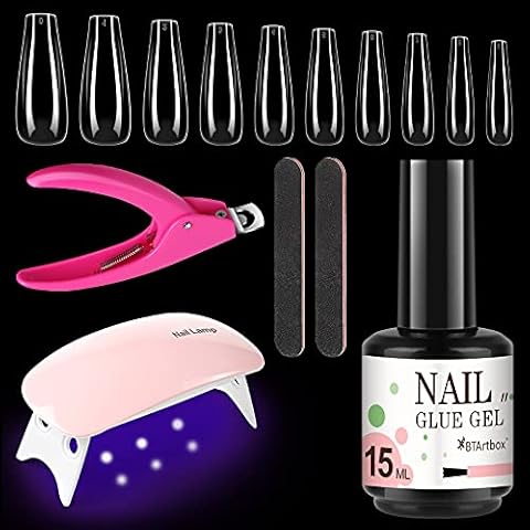 False Nails Set - False Nails With Glue, BTArtbox 500 Pieces Fake Nails Coffin Nails Clear Nail Tips Nail Glue Nail File UV Nail Lamp Acrylic Nail Clipper with Case for Nail Salons and DIY Nail Art Cover