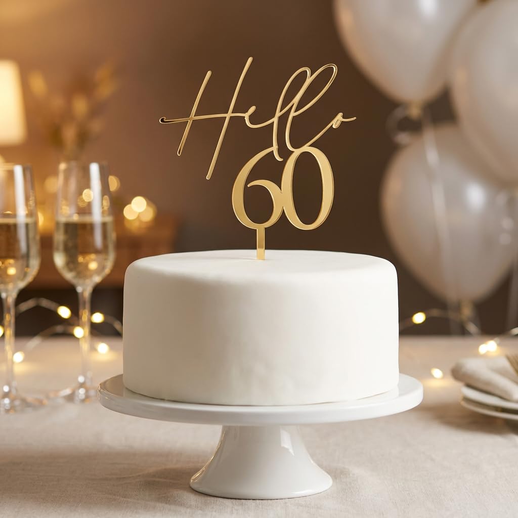 60th Birthday Cake Topper - Hello 60 Reusable Acrylic Cake Decorations for Women Men, Gold Elegant Non-Edible Cake Topper for Retirement Party, Diamond Wedding Anniversary