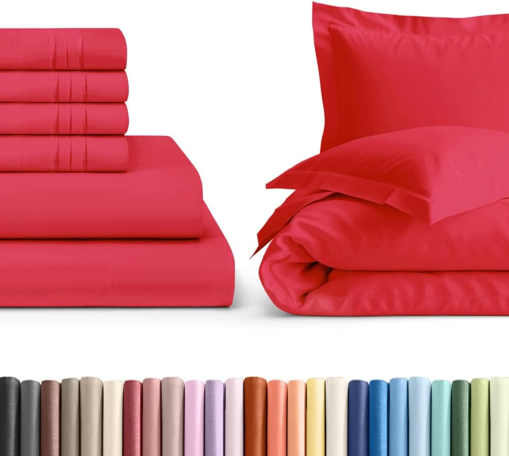 4 Piece Red Twin XL Bed Sheet Set with Duvet Cover - 8 to 16 inch Deep Pockets - 1 Flat, 1 Fitted Sheet & 2 Pillowcases - Oeko-TEX - Ultra Soft, Cozy, Breathable & Wrinkle Free - Hotel Luxury Bedding