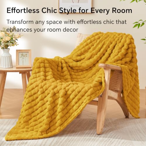 Image of BEDELITE Mustard Yellow Checked Fleece Throw Blanket for Couch, 50x70 Inch
