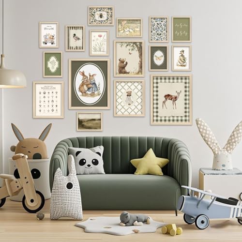 16 PCS Woodland Nursery Wall Art Decor, Vintage Baby Girl & Boy Nursery Decor, Kids Toddler Room Bedroom Playroom Decor, Sage Green Animals Eclectic Gallery Wall Prints, Bear Duck Goose Rabbit - Image 6