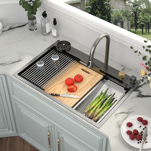 Image of Kichae 33 Black Kitchen Sink Drop In Waterfall - 33x22x10 Drop Sink Stainless Steel 16G Deep Single Bowl Waterfall Kitchen Sinks Workstation Handmade with Faucet & Glass Rinser