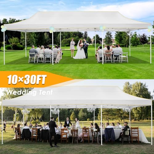 Image of HOTEEL 10x30 Heavy Duty Pop Up Canopy Tent for Parties Event Wedding Commercial Instant Canopy with Wheeled Bag, Party Tent Waterproof UV 50+&Windproof, Upgraded Thick Hexagonal Legs, White