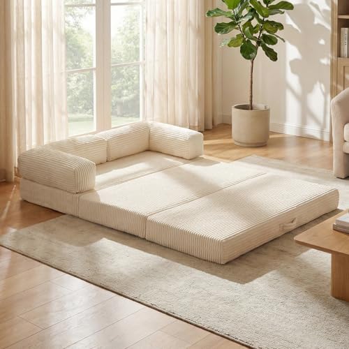 Image of Convertible Sofa Bed, Tri-Fold Foldable Mattress with Removable Arms & Washable Cover, Portable Mattress Futon Sofa Bed, No Assembly Required & Non-Slip, Queen Size, Beige