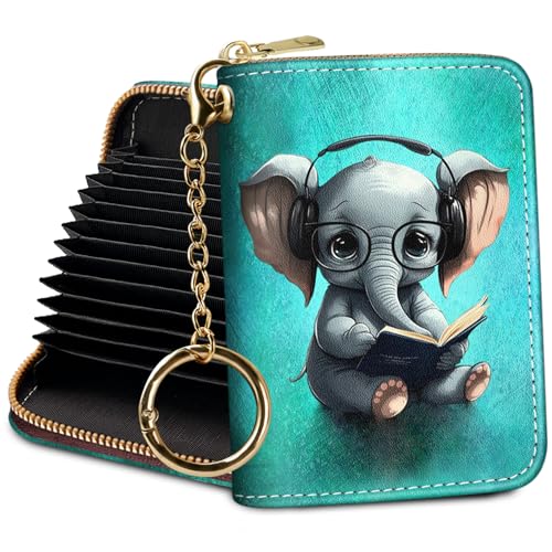 Yonlevres RFID Wallet Women Credit Card Holder, Cute Elephant Small Wallet with Keychain Zipper, Leather Credit Card Wallets Card Organizer Case RFID Blocking Accordion Gift