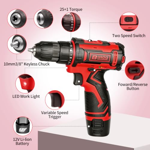 Image of 12V Cordless Drill Driver Set, 43pcs Home Tool Kit with 2-Speed & 25+1 Torque, LED Light, Fast Charger, Battery Included for DIY, Wood Metal Plastic, Gift for Men Women