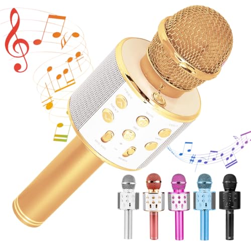 Home Markt24 Micrófono inalámbrico Bluetooth con altavoz, dorado, batería de 2600 mAh, micrófono de karaoke portátil, efectos de sonido ajustables